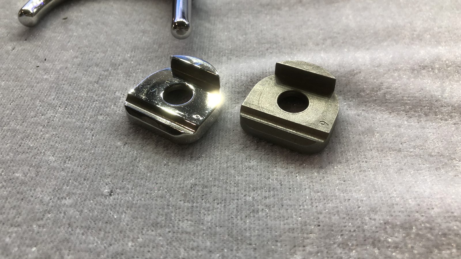 Real small hardware parts before and after polishing and deburring comparison