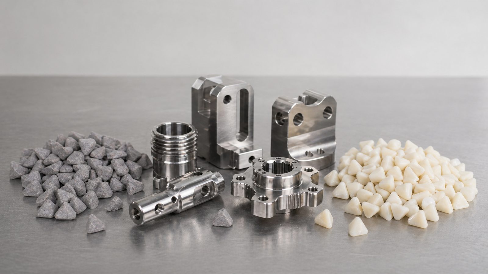 Ceramic media and plastic media with machined metal parts for mass finishing selection