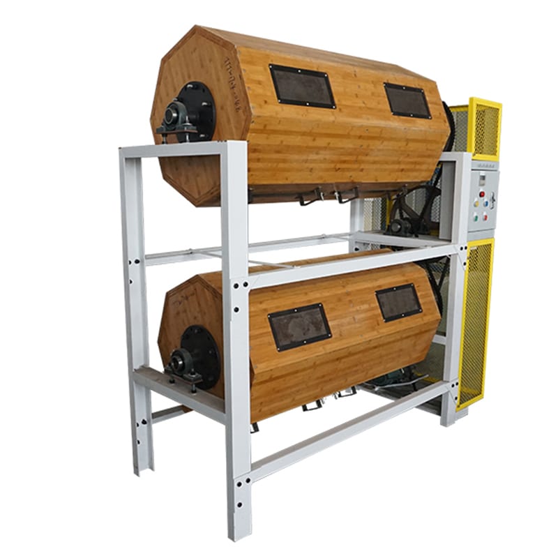 The image shows a large wooden tank sitting on top of a metal stand, which is a wood pellet making machine for sale. It has a white background, giving it a clean and modern look.