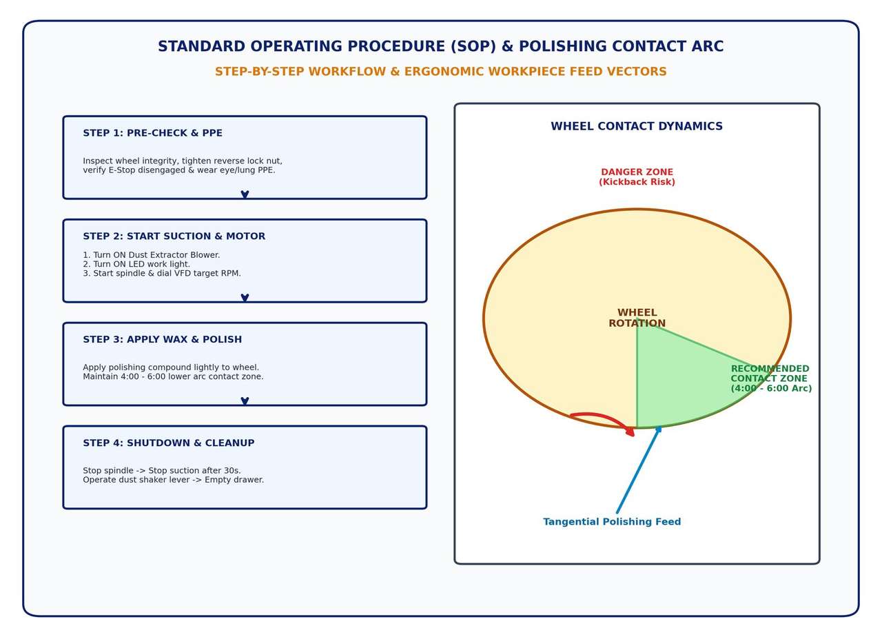 Figure 6 - Standard operating procedure 4-stage operational workflow and safe 4:00 to 6:00 wheel contact arc diagram